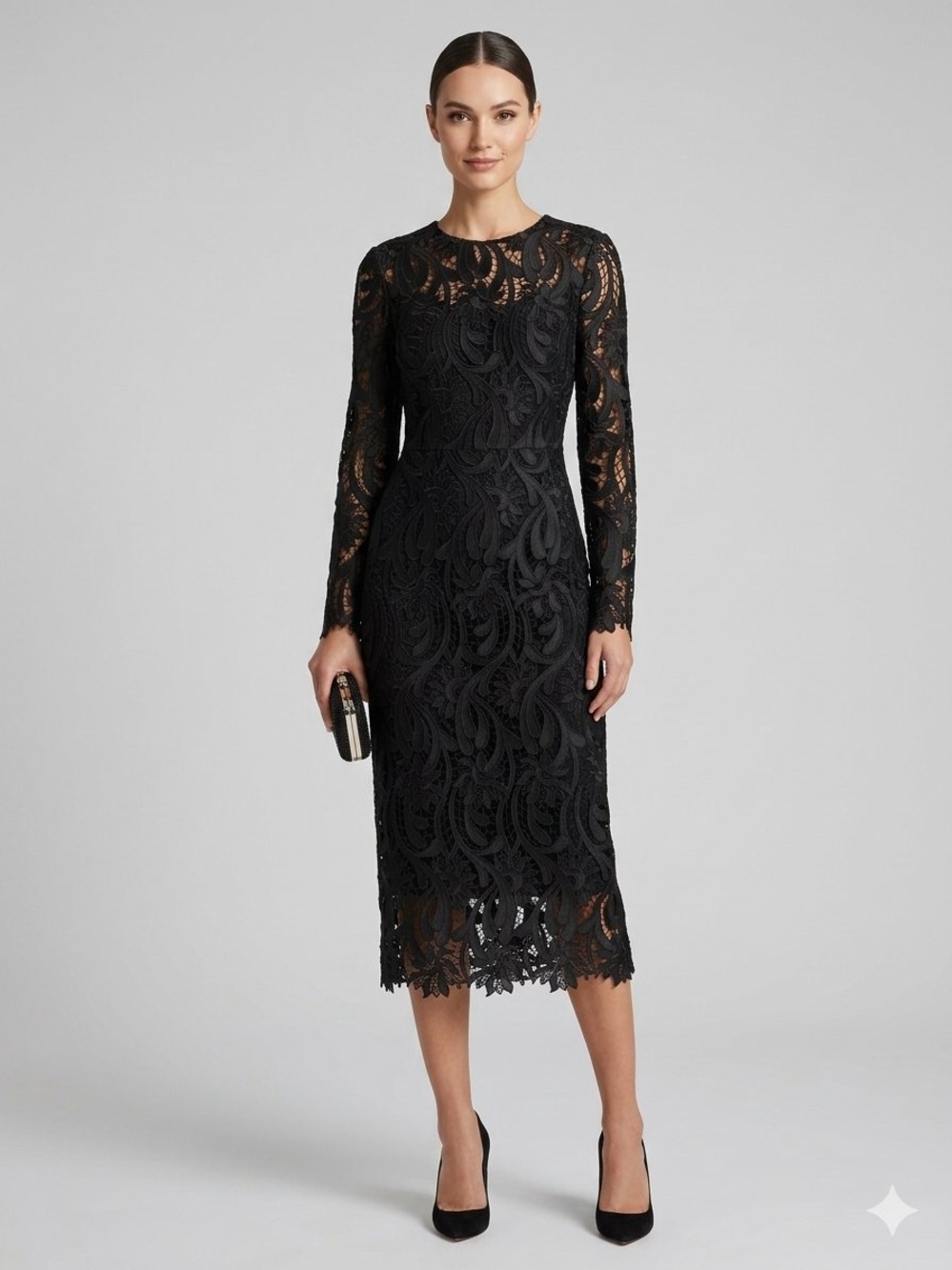 Monique Lhuillier Black Long-Sleeve Lace Midi Dress